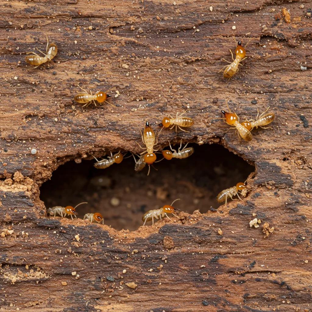 Close-up of drywood termites in wood, highlighting their hidden galleries and frass