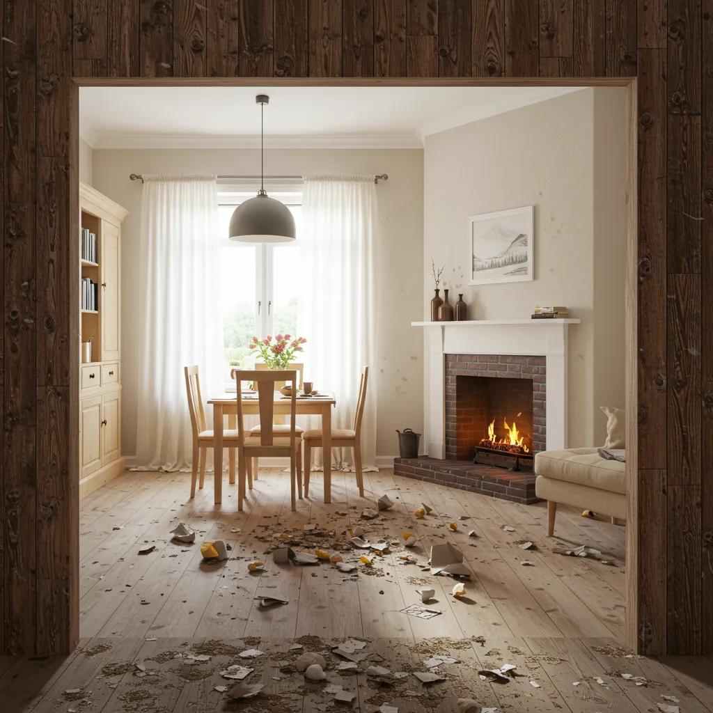 Home interior with signs of rodent activity, highlighting gnaw marks and a warm atmosphere